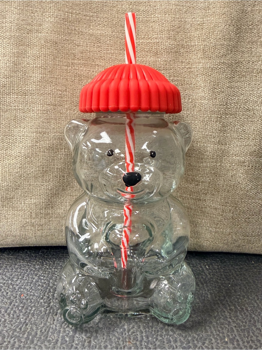 Bear-Shaped Glass Tumbler with Red Silicone Lid & Straw, NWOT